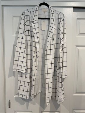 Windowpane Open-Front Blazer Jacket - White/Black